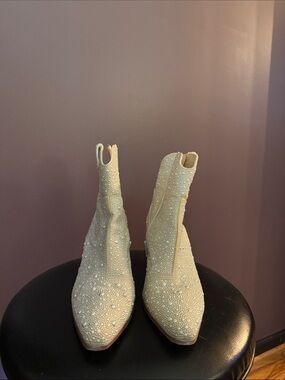 Betsey Johnson Pearl-Embellished Ivory Ankle Booties